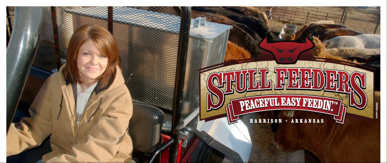 A woman feeding her cattle easily with a Stull Feeders ATV feeder